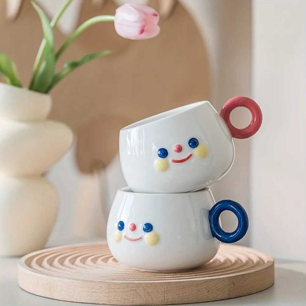 Ceramic coffee cups creative cute hand-painted smiling ceramic cups breakfast milk tea cups kitchen home office desk software beverages CL24