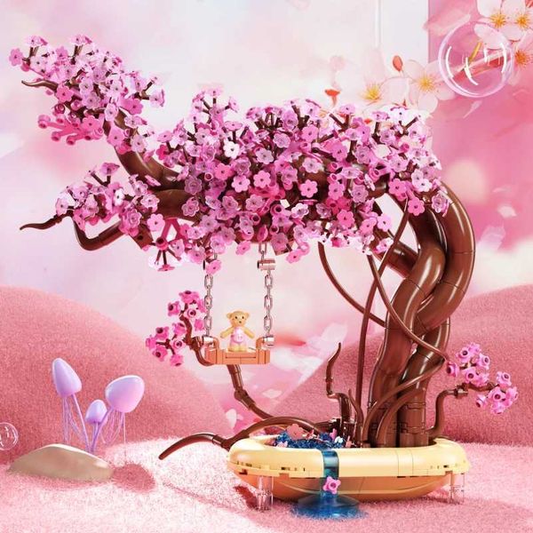 Blocks Romantic Sakura Bear Swing Building Blocks Creative Luminous Bricks Model Desktop Decoration Ornaments Childrens DIY Toys Gifts Y2409
