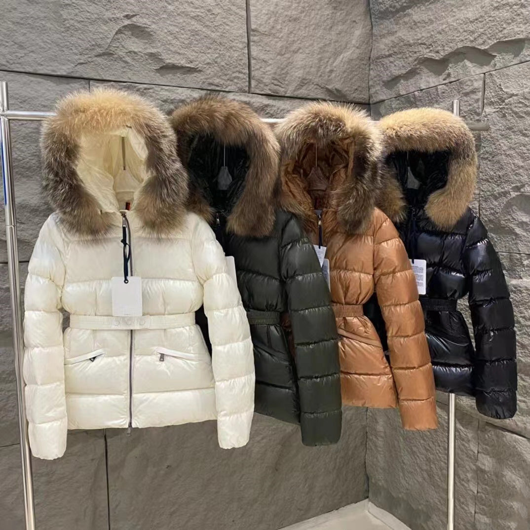 Women designer luxury jacket winter down jackets fur coats real hair collar warm fashion parkas with belt lady cotton coat outerwear big pocket