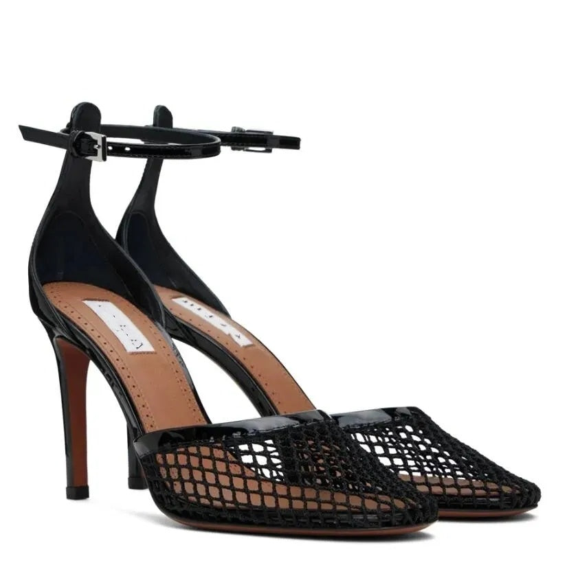 Elegant Women Sandals Shoes High Fishnet Heels Sheer Nylon Mesh Patent Calfskin Stiletto Heels Party Wedding Dress Lady Walking EU35-43