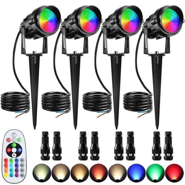 4pcs RGBW landscape lights with remote control 12W 12V LED 16 color changing spotlight outdoor waterproof lawn light garden decoration X2411