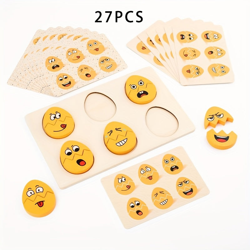 TEMU 27pcs Emotional Matching Egg-shaped Toys, Wooden Puzzle Toys, Parent-child Matching Puzzle Blocks, Face Changing Toys, Suitable For Boys And