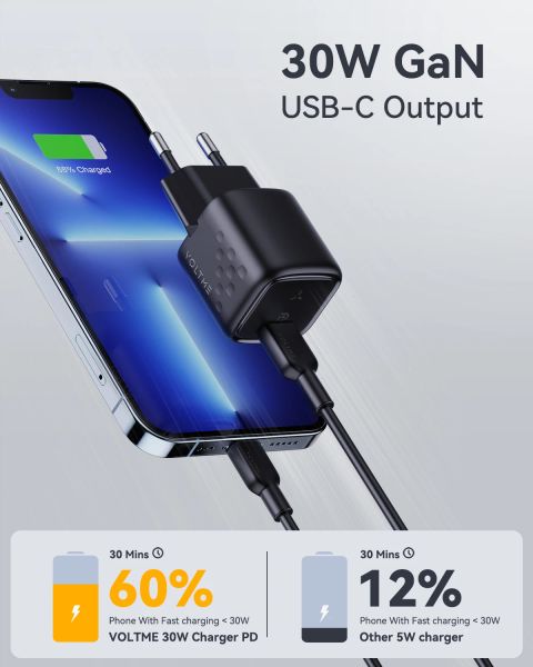 VOLTME 30W GaN Fast Charger PD USB C Charger Adapt For iPhone 14 13 Pro Max Macbook QC3.0 TypeC Charger Phone Charging Adapter