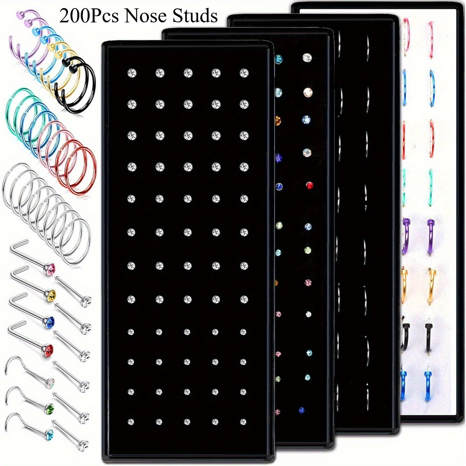 TEMU Steel 200pcs 316l Stainless Steel Nose Ring Stud Set For Women Men 20g- 22g Nose Hoops L Shaped Screw Bone Nose Studs Ring Nose Piercing Jewelry