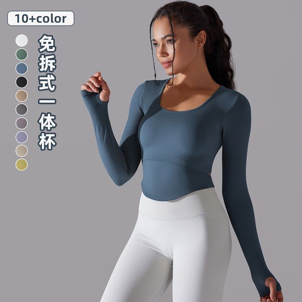 New seamless knitted solid color split belly pocket thread sports long sleeved running fitness yoga suit top for women