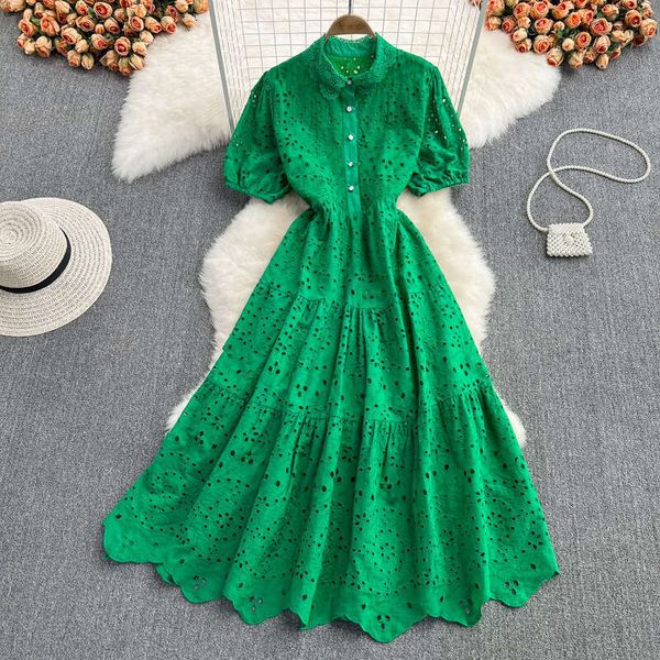Spring Autumn Korean Edition Slim Bubble Sleeve Doll Neck with High Waist, and Elegant Style, Vacation Big Swing Long Dress Pregnant Womens