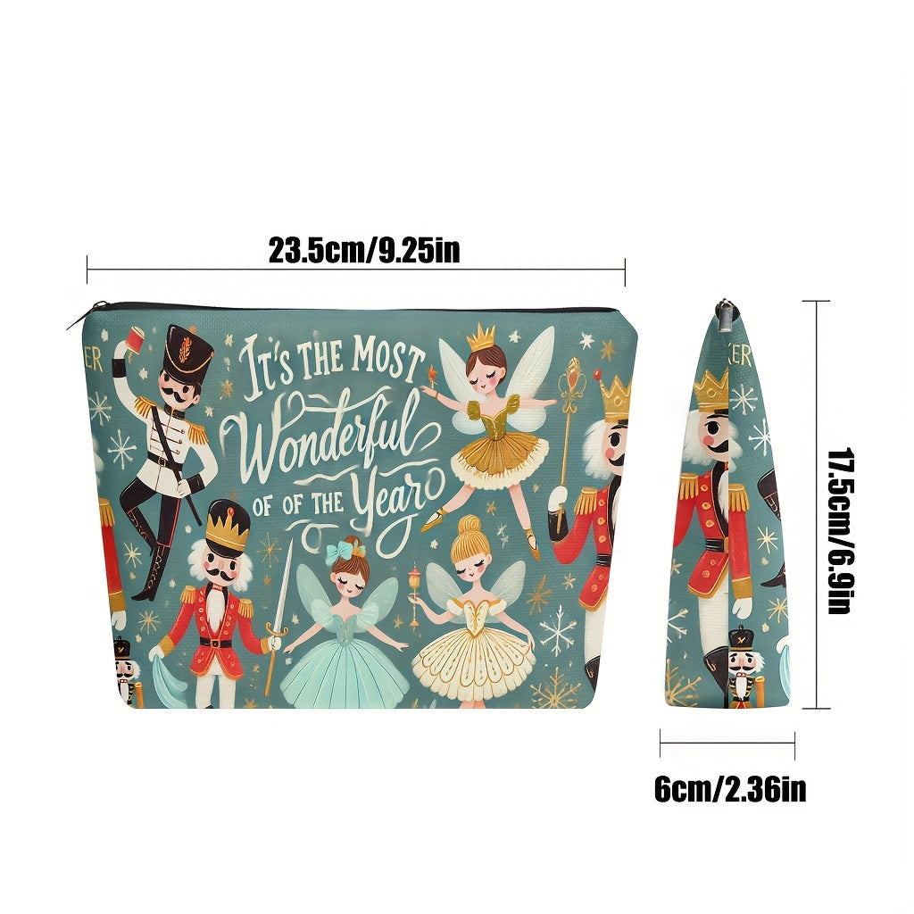 TEMU 1pc Nutcracker Soldier & Ballerina Makeup Bag - Elegant Teal & Golden Ballet Cosmetic Organizer With Zipper Closure, Durable Linen Fabric,