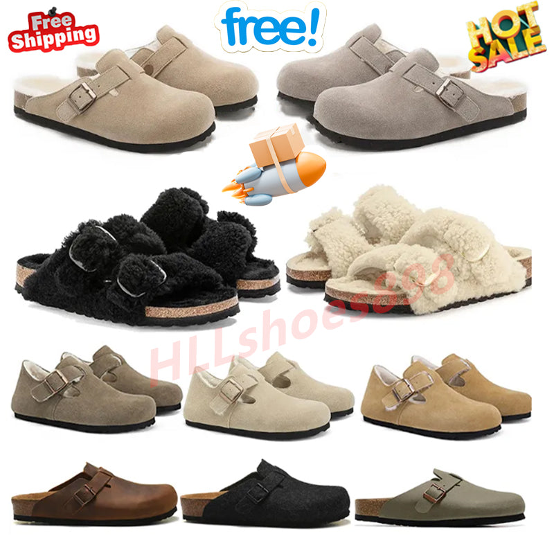 Designer Clogs Women Men Sandals Slippers Mules Cork Flat Soft Fluffy Fashion Suede Taupe Leather Black Blue Grey Slide Casual Shoes Winter Warm