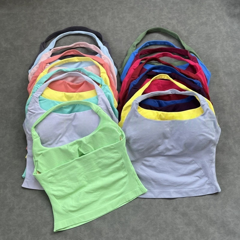 Sports Bra Gym Woman High Support Halter Backless Workout Crop Top Fitness Activewear Running Yoga Blouse Running Ruched Halter Neck Bra