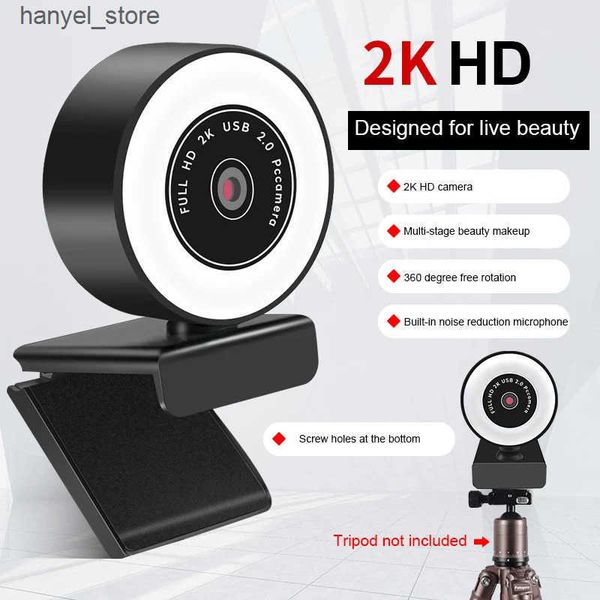 Webcams 2K Full HD1080P Auto Focus WebCam With Microphone LED Light Camera Fill Light USB Web Cam For Conference Laptop Video Calling L24091