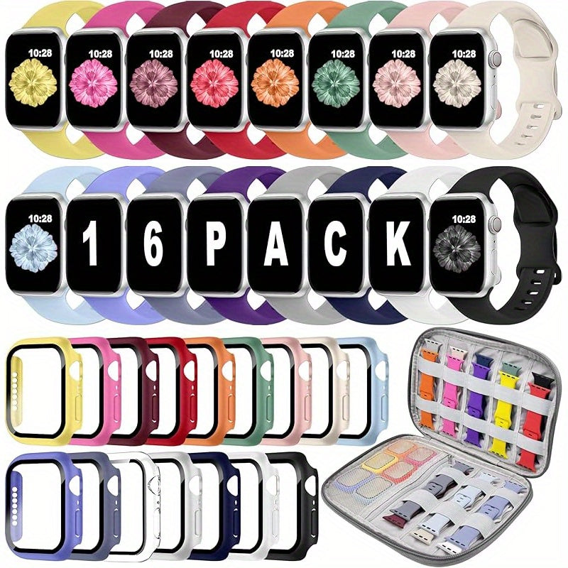 TEMU 16pcs Watchbands+16pcs Hd Watchcases+1pc Durable Storage Box, Compatible With Watches, 38mm-46mm For Women And Men, Band With Screen Protector