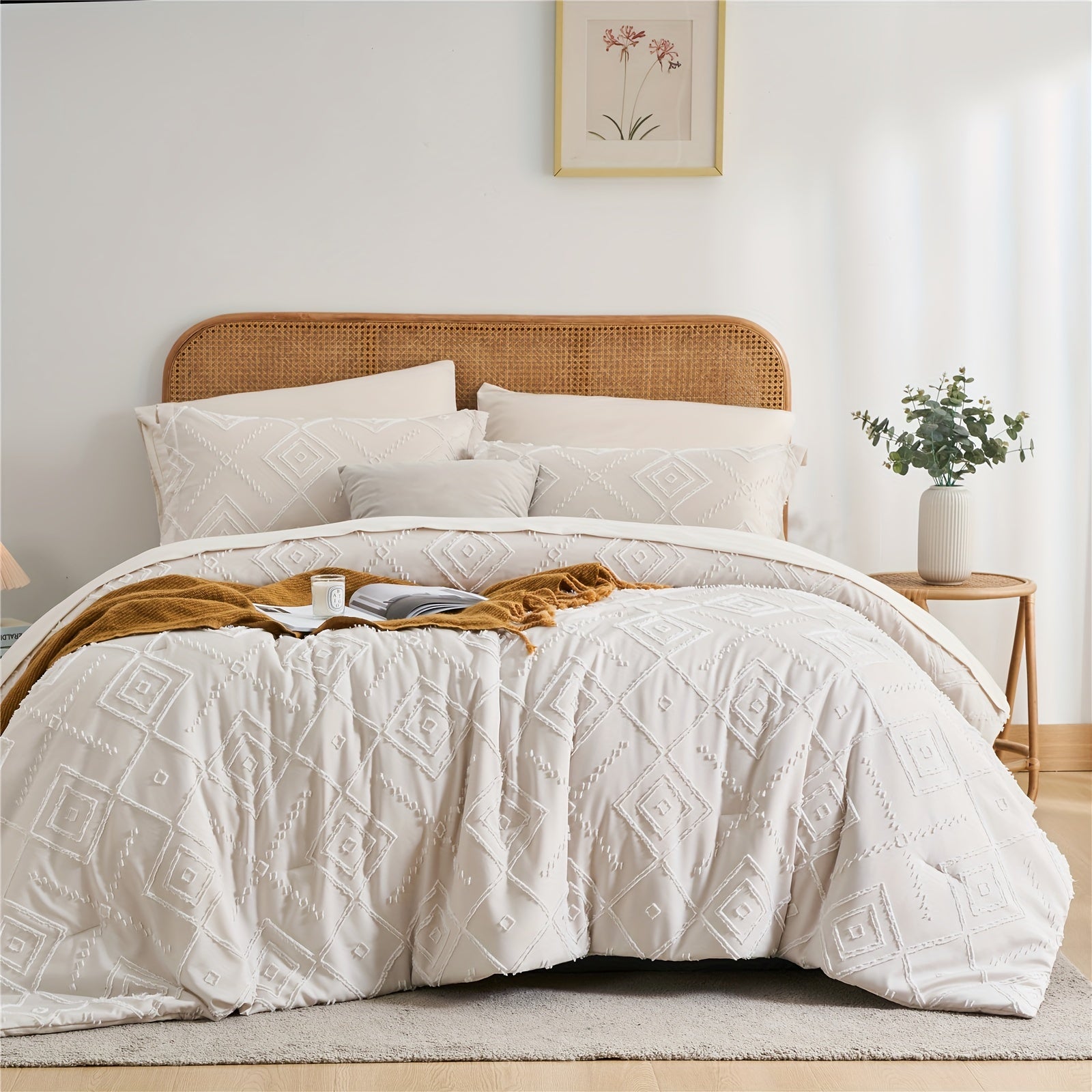 TEMU 7pcs Shabby Chic Boho Comforter Sets, Tufted Bed Set, Queen-king Size Bed In A Bag, Gifts , Soft Microfiber Lightweight Bedding Set For All