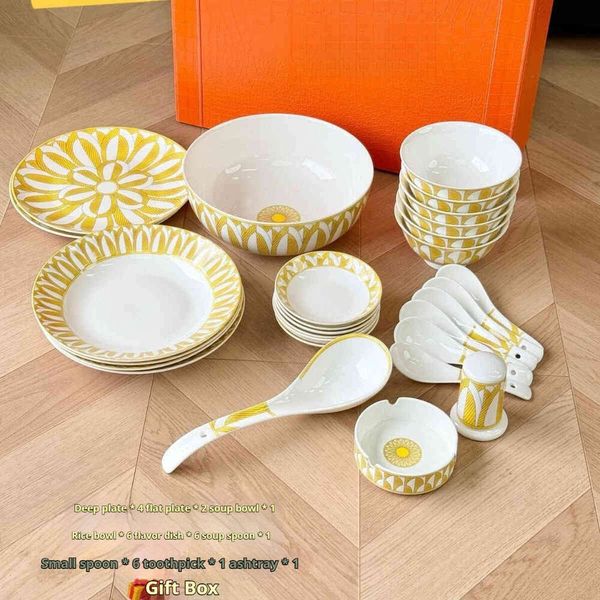 28 piece set of yellow bone china plates, bowls, hotel sample rooms, sales offices, table display, gift box set