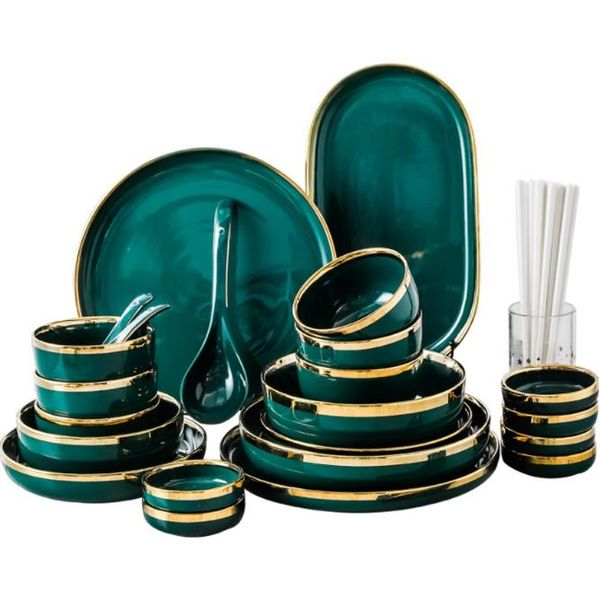 Dark Green Ceramic Dinnerware Set Dessert Dinner Plate Dishes Plates and Bowls Set Luxury Tableware Set Restaurant Home Gift
