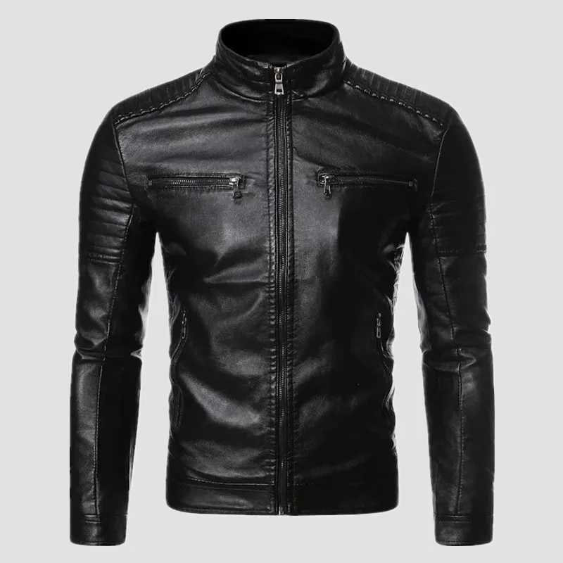 Mens solid color leather jacket mens stand up collar motorcycle ultra-thin multi pocket jacket mens retro classic leather jacket W240918