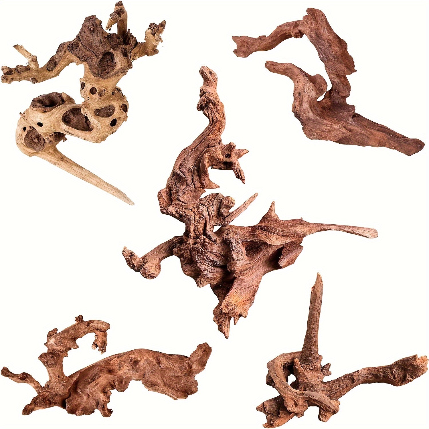 TEMU 5pcs Assorted Natural Driftwood Branches, 4-8" - Ideal For Aquarium & Reptile Habitat Decor, Unique Fish Tank Ornaments With Texture, Aquarium