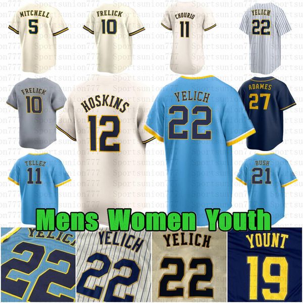 Custom 22 Christian Yelich Baseball Jersey Willy Adames Brandon Woodruff Rhys Hoskins Garrett Mitchell Brice Turang Jackson Chourio Sal Frel