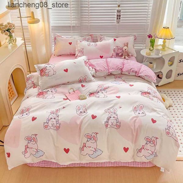 Bedding sets Cartoon Style Bed Sheet Set For Kids Cute Bunny Printed Bedding Set Breathable Durable Queen-King Bedding L240910