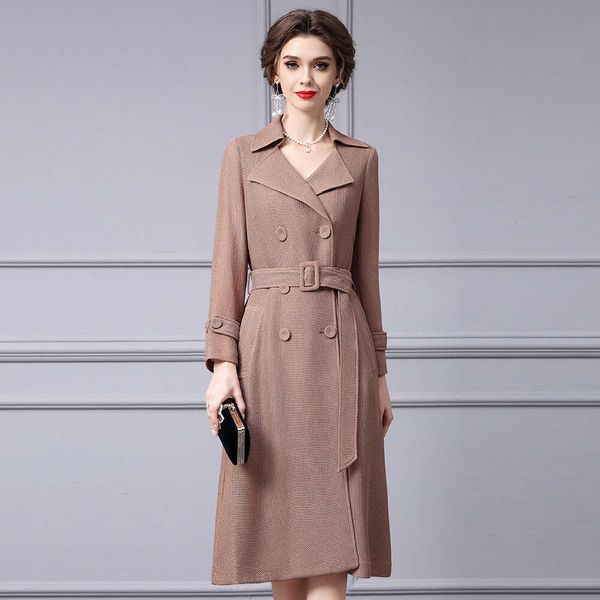 Autumn 2024 New Womens Wear High Quality Suit Collar Double Breasted Waist Look Slim Windbreaker Coat Medium Long Novelty Oversize Dress Hig