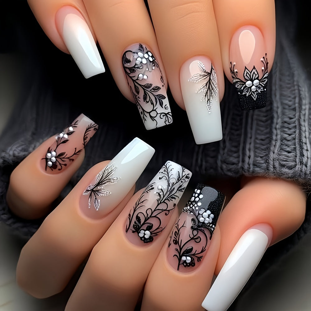 TEMU 24pcs Spring-summer New Arrival - Elegant White Lace Press-on Nails, Glossy Finish, Medium Length, Square Shape, Handmade Artificial Nail Tips,