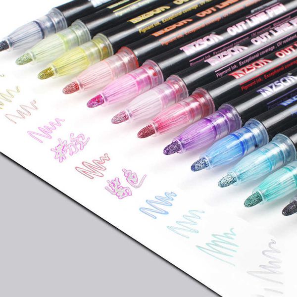 Watercolor Brush 12 pcs-set Outline Metallic Markers Double Line Magic Shimmer Paint Pens for Student Kids Art Drawing Signature Coloring Jo