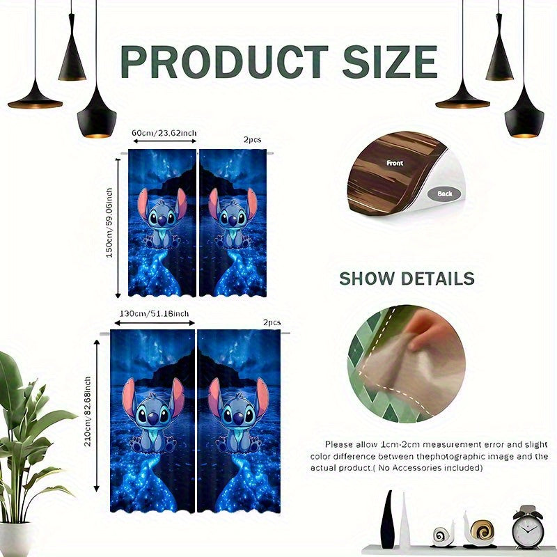 TEMU 2pcs Stitch Blackout Curtains - Vibrant Starry Night Cartoon Print, Bohemian Style Lightweight Polyester, Machine Washable For Bedroom, Living