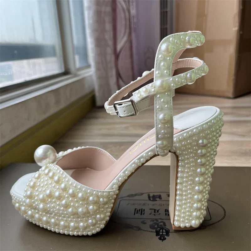 Fully Handmade Pearl Thick Heeled Fish Mouth Sandals Wedding Bride Banquet Fashion Waterproof Platform High Heel Women&#039;s Shoes