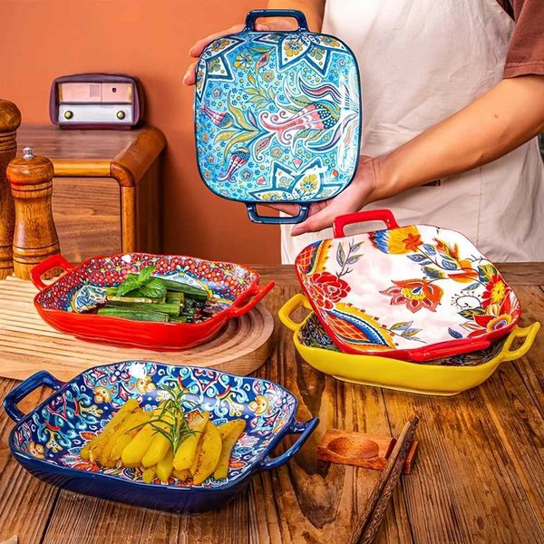 Dishes Plates Hand drawn Bohemian ceramic baking dish square with handle suitable for pasta and desserts suitable for ovens and microwaves.