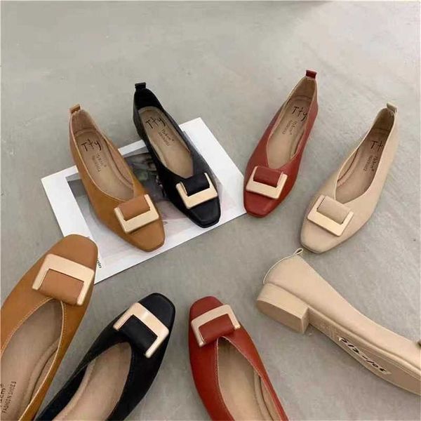 2025 Heels red bottomed shoes loafers kitten heels high heels Metal buckle gentle style shallow mouth flat heel flat toe square toe Mary Jan