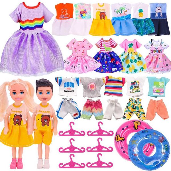 Doll Apparel Dolls 36 pieces of 6-inch Kelly doll clothing set including 5 girls dresses 5 boys tops and pants 2 shoes 2 dolls 20 hangers an