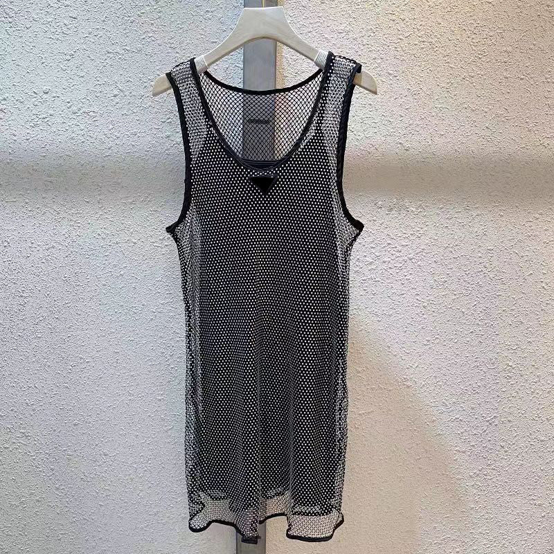 Casual Womens Dresses Sleeveless Beach Hollow Out Dress Designer Vest Shirts Long Tops Tanks Shirts Mesh Skirts Woman Slim Summer Dress S-XL