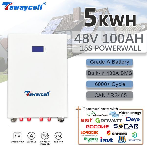 Tewaycell 51V 100AH 5KWh LiFePO4 Battery Pack 48V Powerwall 6000 Cycles Buitl-in BMS 100A CAN RS485 Monitor Solar ESS DDP NO TAX