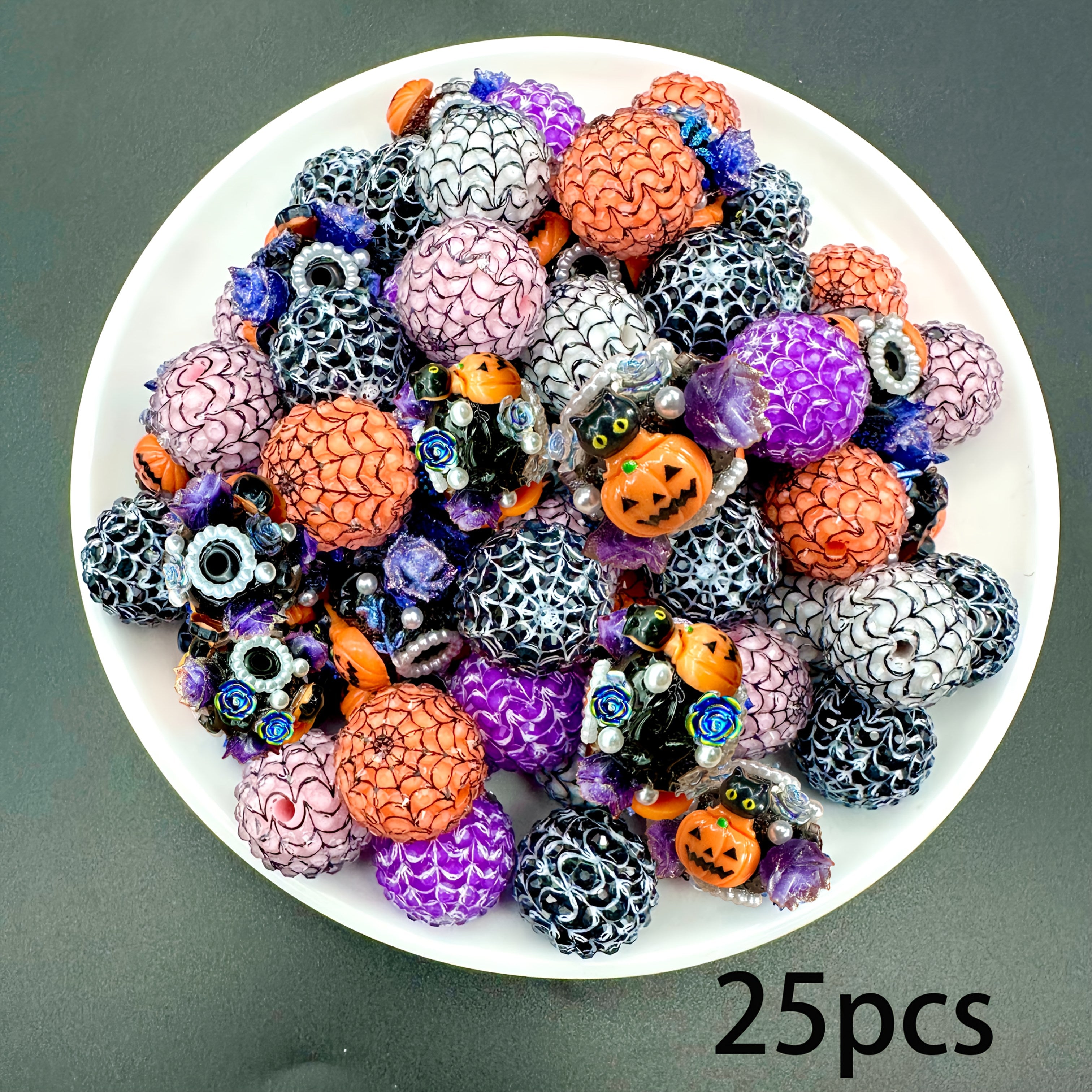 TEMU 25pcs 20mm Halloween Themed Resin Beads With Pumpkin, Web 3d Patterns - Making For Bracelets, Necklaces, Bags, And Party Decorations, Halloween