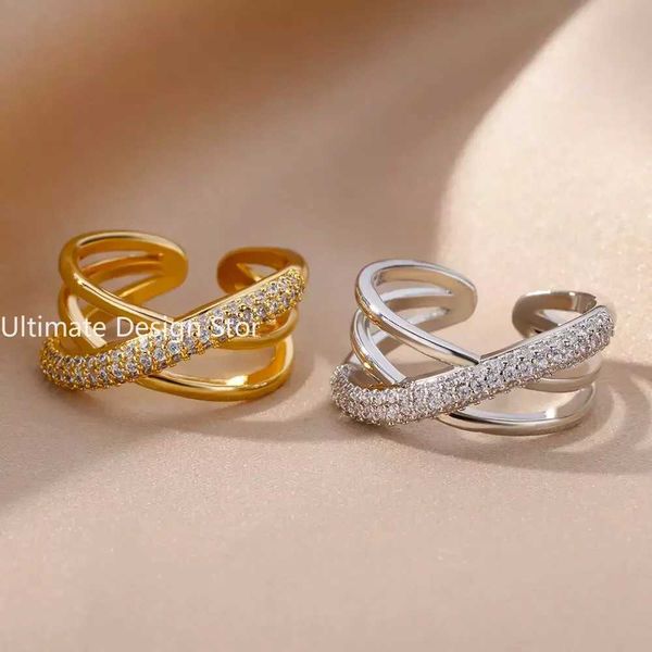 Casal Rings Ladies Cross Cross Zircon Ring Gold Anel de aço inoxidável ajustável 2024 Trend Luxury Wedding Ring Jewellery Presente H241217