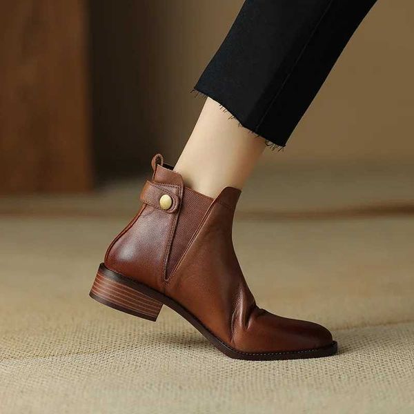 Genuine Leather Chelsea Boots Women Mid Heel Elastic Band Slip-On Ankle Short Boot Retro West Cowboy Round Toe Office ShoeXJ241226