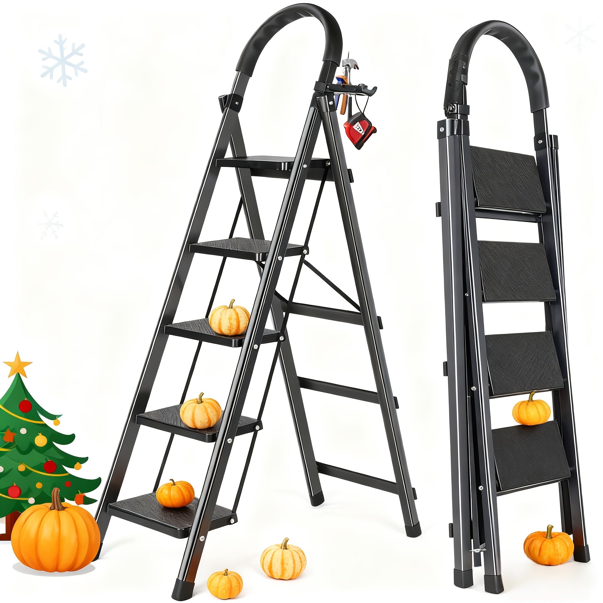 TEMU Heavy-duty Folding Step Ladder With Anti-slip Pedals - 450 Lbs Capacity, Collapsible Step Stool With Tool Tray, Non-slip Base For Home, Kitchen,