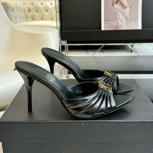 Top quality Elegant Mules casual leather luxurious designer sandals women fashionable fold decoration Stiletto Heel slipper Wedding Party Dr