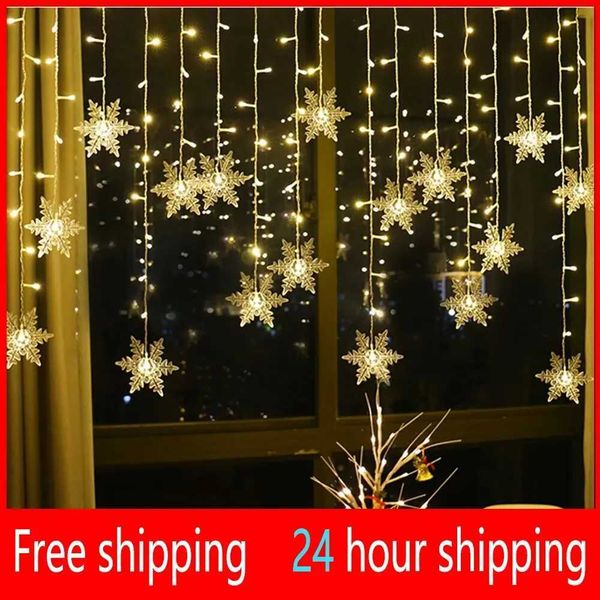 3.5M Christmas Lights LED Fairy String Lights Snowflake Curtain Garland Waterproof For Holiday Party Xmas Decoration 2024LX241112