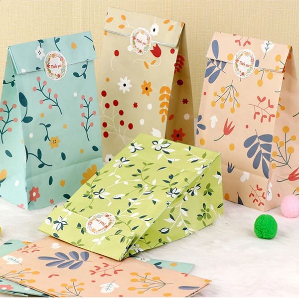 1224 plant pattern gift paper bags candy cookies cakes kraft packaging with stickers 240821