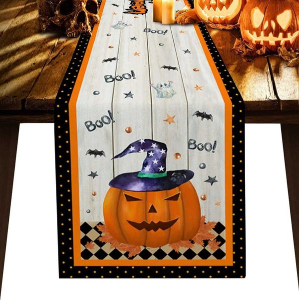 Halloween Pumpkins Bats Wood Grain Linen Table Runner Dresser Scarves Decor Reusable Kitchen Dining Table Runner Party DecorM240817
