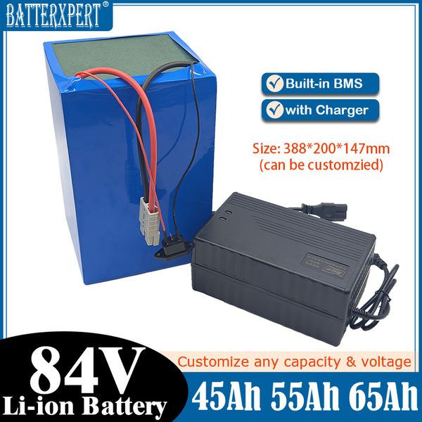 High Power Electric Bike Battery 84V 55Ah 45Ah 65Ah ion battery pack with BMS for 3000w 4000w tricycle ebikes wheelchair +10A Charger
