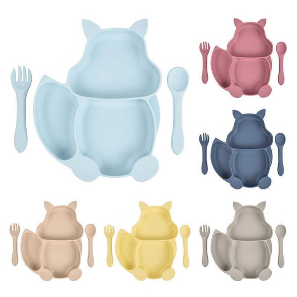Cups Dishes Utensils Food Grade Silicone Baby Feeding Tableware Set Children&#039;s Cartoon Squirrel Strong Suction Non-slip Plate Spoon For