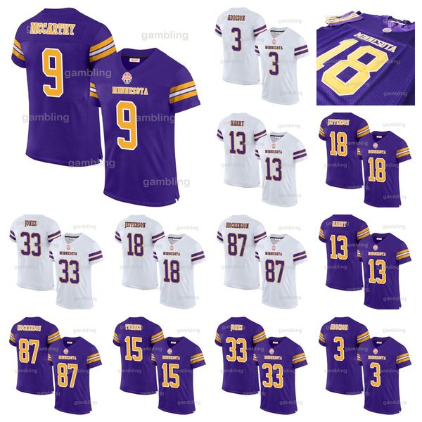 18 Justin Mens-Youth-Women Custom purple-white Football Jerseys 9 J.J. McCathy 33 Aaron 87 T.J. 3 C.J. Ham Darrisaw Smith Sam Darnold Embroi