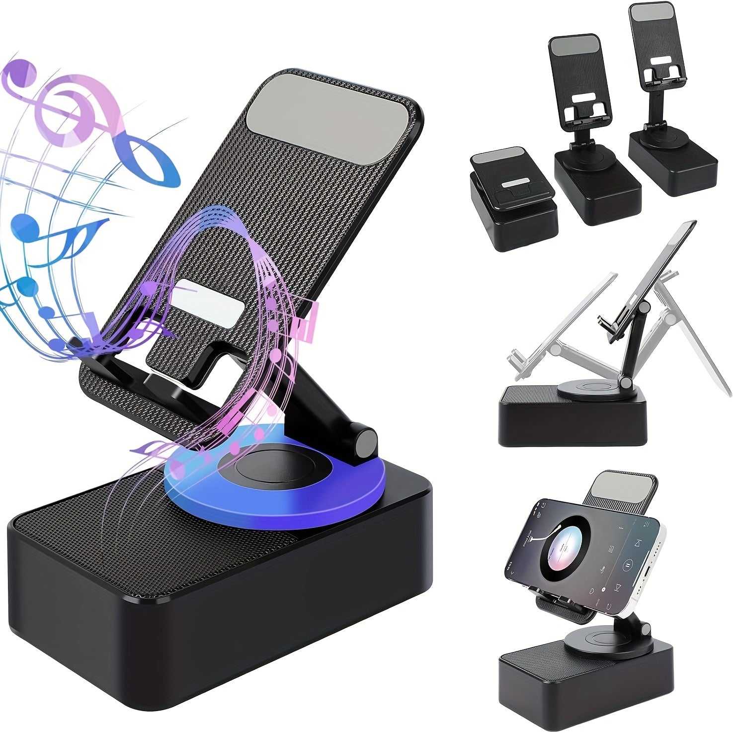 TEMU Wireless Induction Audio Speaker, 5in1 Phone Holder Emergency Rechargeable With Colorful Ambient Light, Audio Power Bank Bracket With Non-slip