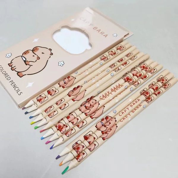 12PcsBox Capybara Cartoon Pencil Natural Wood Colored Pencils Drawing For School Office Artist Painting Sketch Supplies 241120