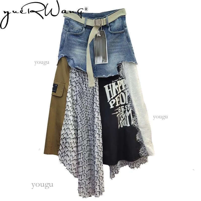 Skirts Getspring Women Long Patchwork Denim Stitching Irregular High Waist Loose Leisure Asymmetrical Pleated 230508