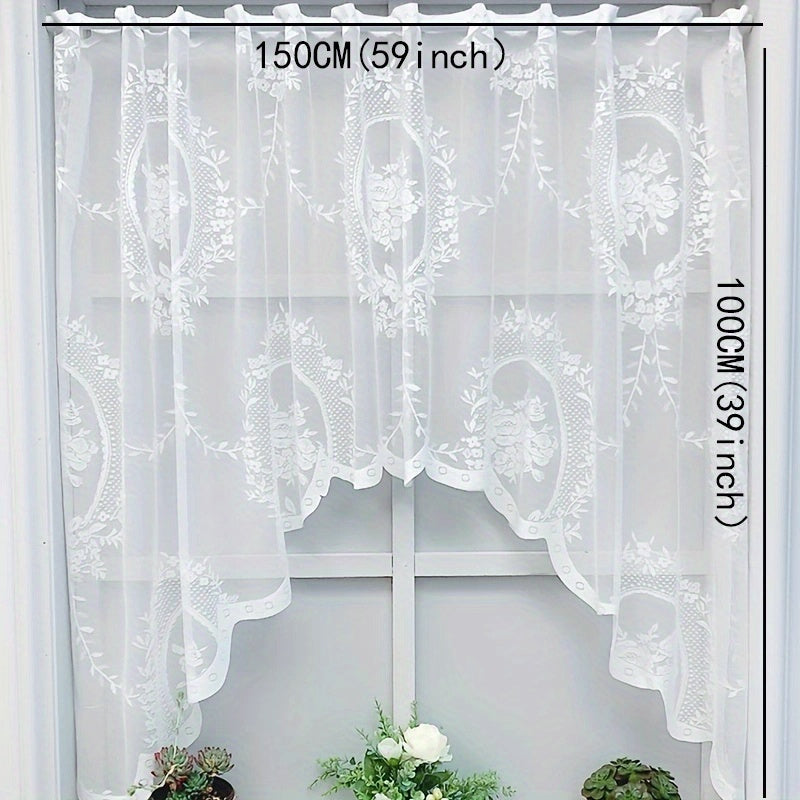TEMU 1pc Elegant Style Sheer Curtain - Floral Lace Half-curtain With Rod Pocket, Semi-transparent Polyester For Kitchen & Living Room, Machine