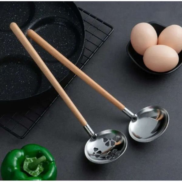 Japanese Style Beech Wood Stainless Steel Soup Ladle Long Handle Wooden Spoon Kitchen Cooking Utensil 0523
