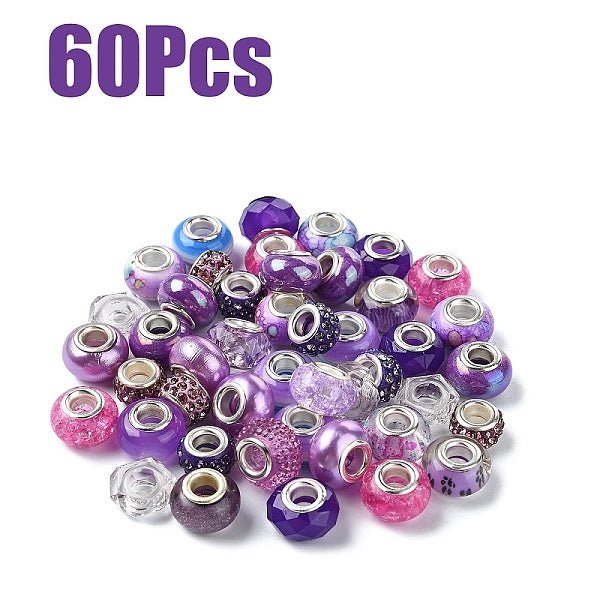 60Pcs 15 Styles Epoxy Resin & Polymer Clay Rhinestone European Beads