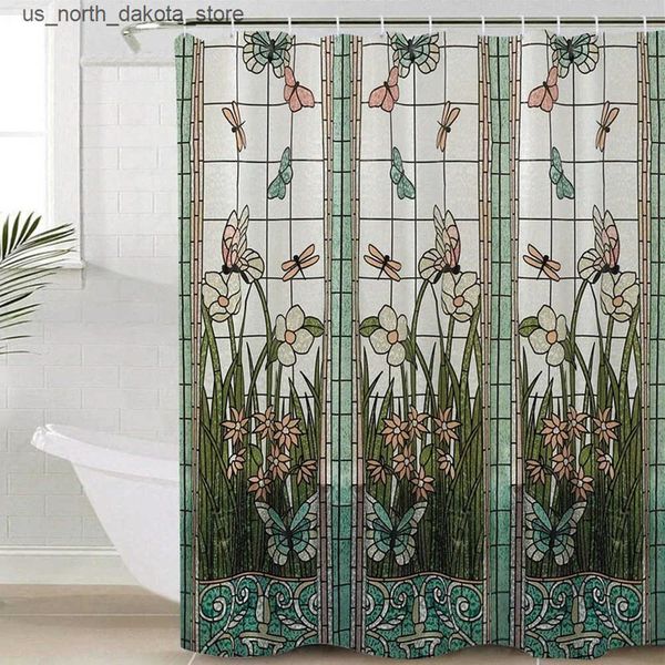 Shower Curtains Waterproof colored glass meadow flower dragonfly polyester fabric family hotel bathroom shower curtains J241205